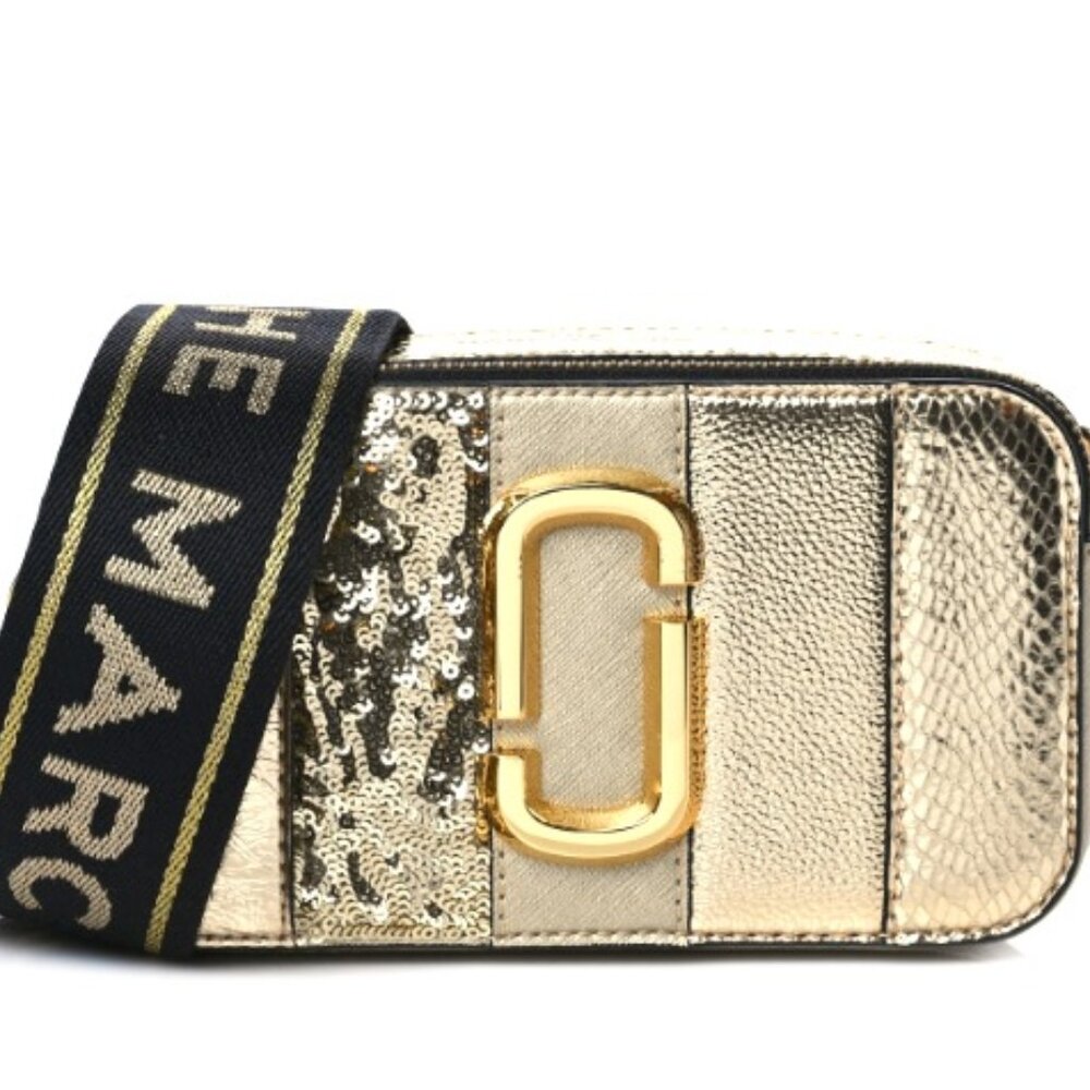 MARC JACOBS Metallic Sequin Snake Embossed Calfskin Stripe Snapshot Camera Bag